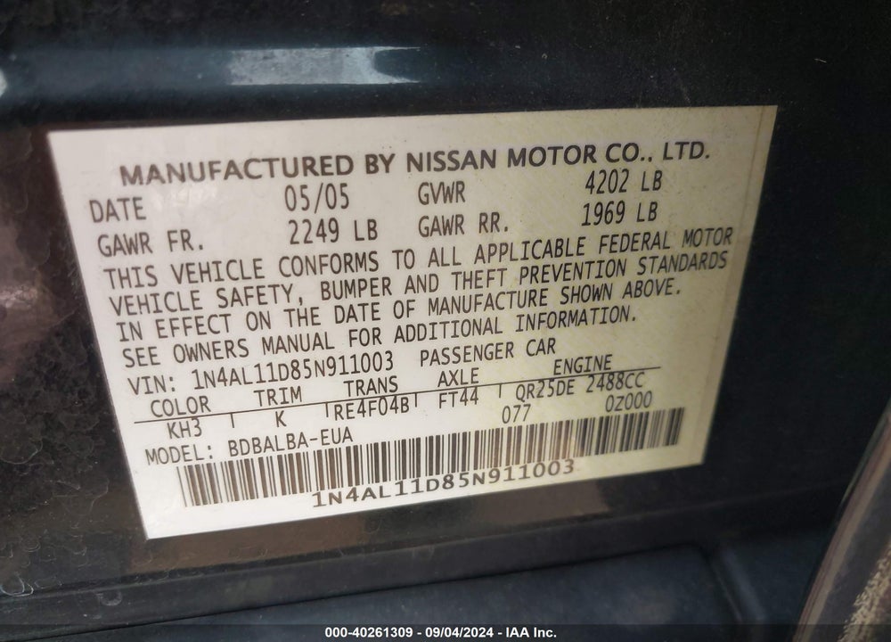 2005 NISSAN ALTIMA 2.5 S VIN: 1N4AL11D85N911003