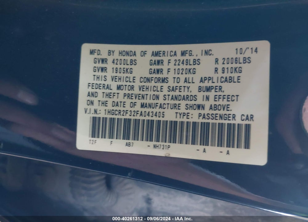 2015 HONDA ACCORD LX VIN: 1HGCR2F32FA043405