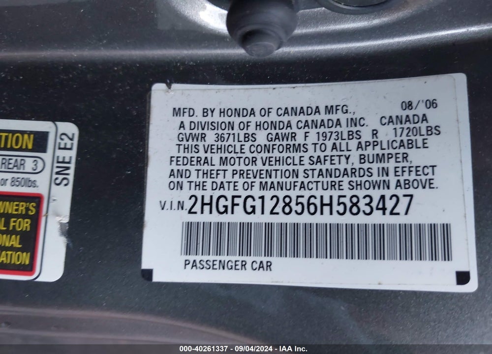 2006 HONDA CIVIC EX VIN: 2HGFG12856H583427