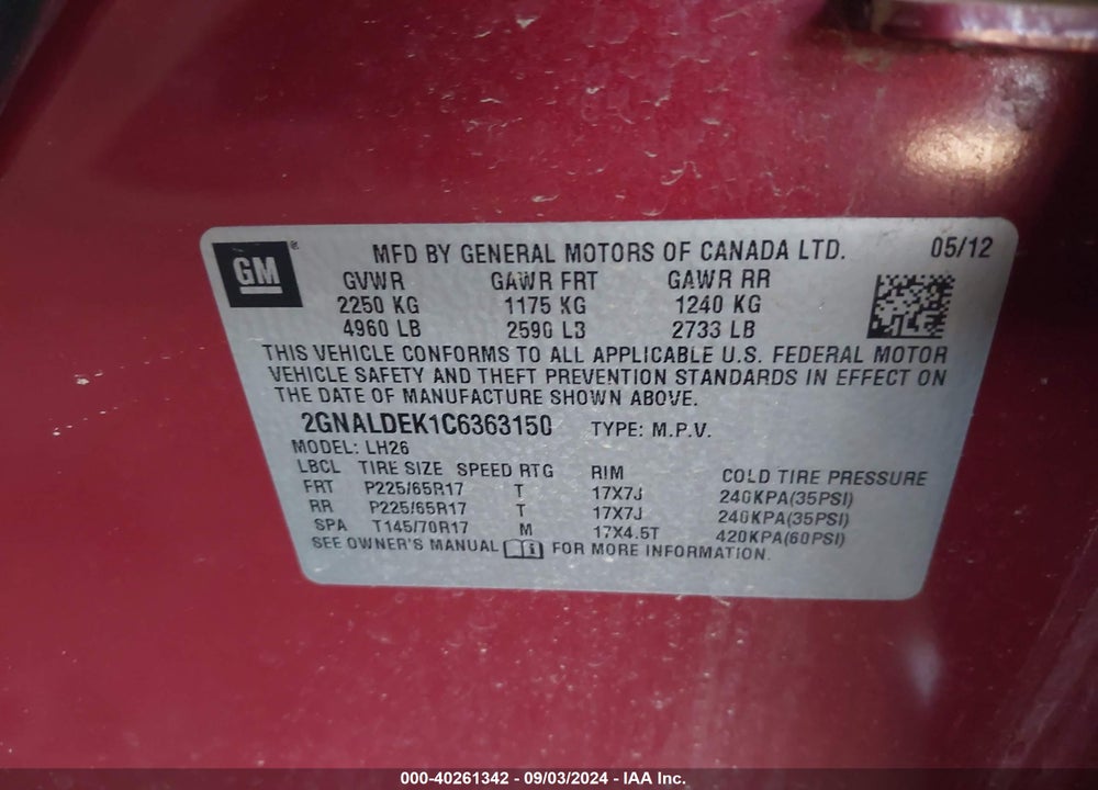 2012 CHEVROLET EQUINOX 1LT VIN: 2GNALDEK1C6363150