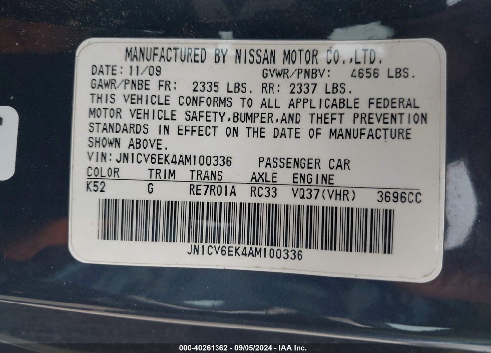 2010 INFINITI G37 JOURNEY VIN: JN1CV6EK4AM100336