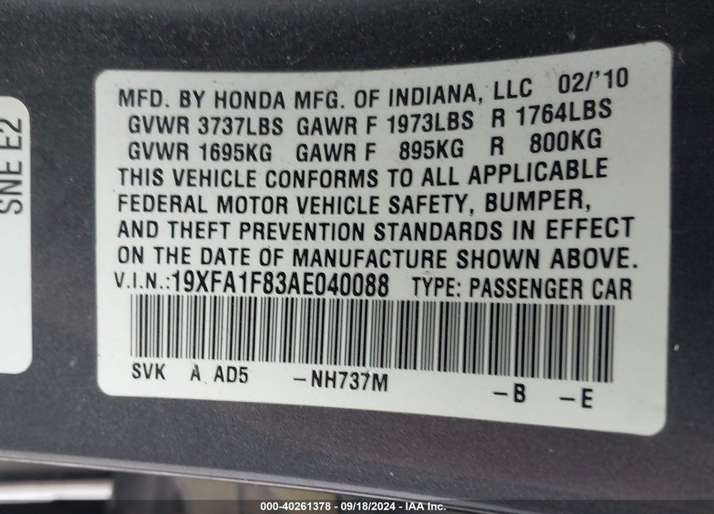 2010 HONDA CIVIC SDN EX VIN: 19XFA1F83AE040088