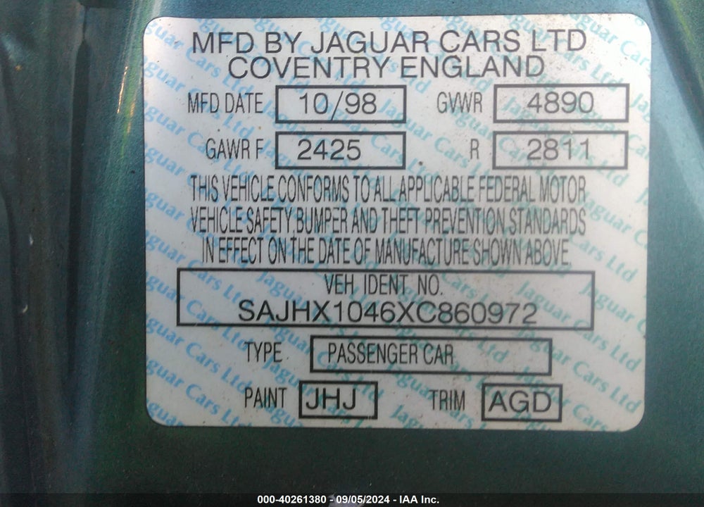 1999 JAGUAR XJ8 VIN: SAJHX1046XC860972