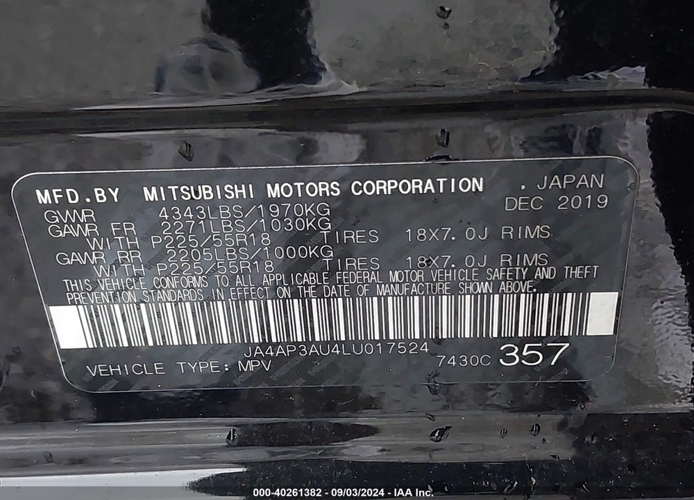 2020 MITSUBISHI OUTLANDER SPORT 2.0 BE/2.0 ES/2.0 SP VIN: JA4AP3AU4LU017524