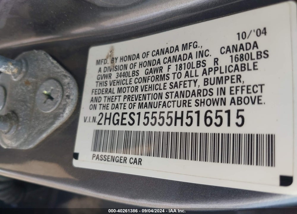 2005 HONDA CIVIC LX VIN: 2HGES15555H516515