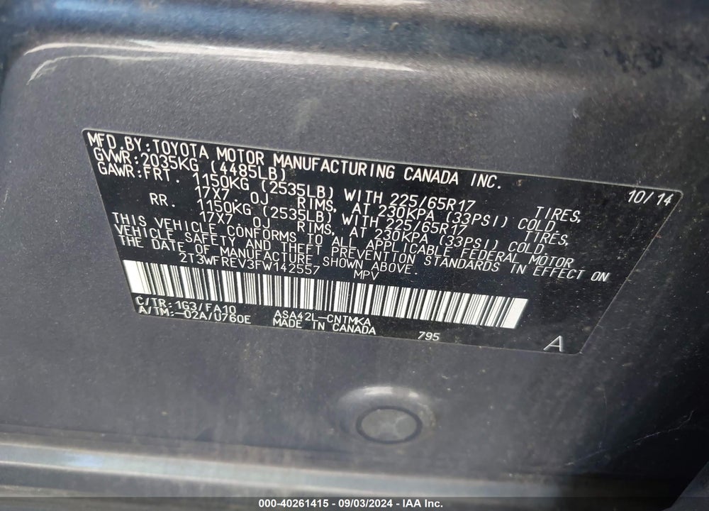 2015 TOYOTA RAV4 XLE VIN: 2T3WFREV3FW142557