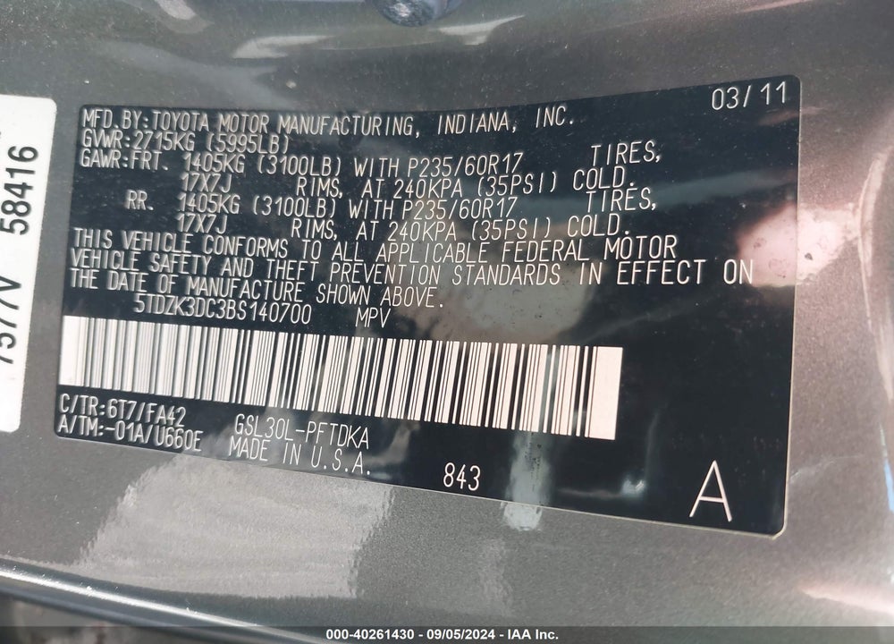 2011 TOYOTA SIENNA BASE V6 VIN: 5TDZK3DC3BS140700