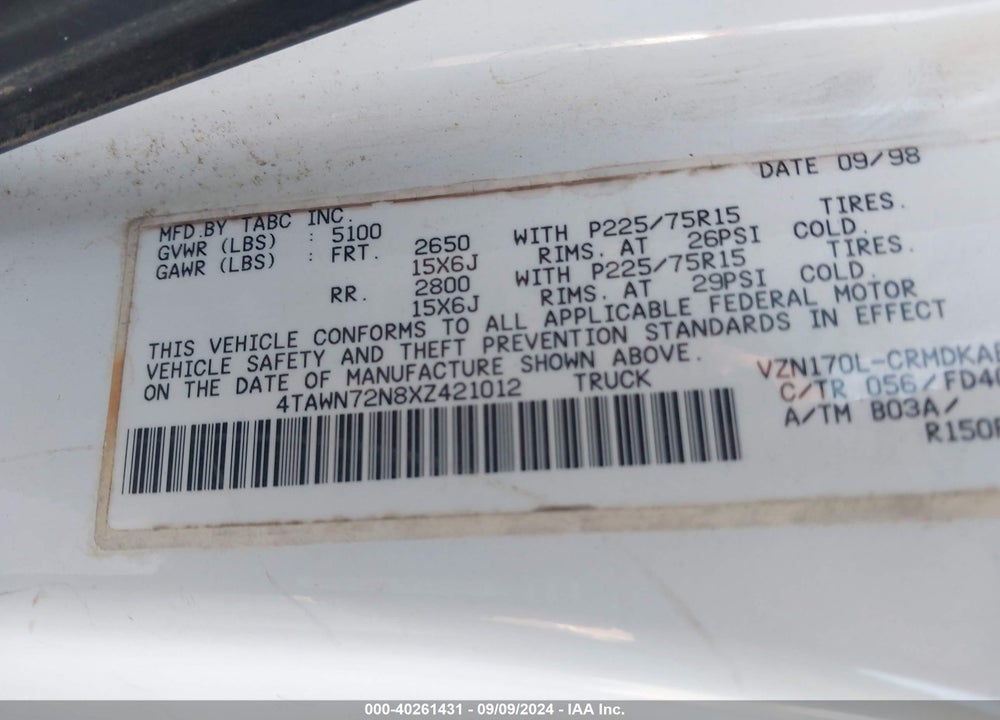 1999 TOYOTA TACOMA VIN: 4TAWN72N8XZ421012