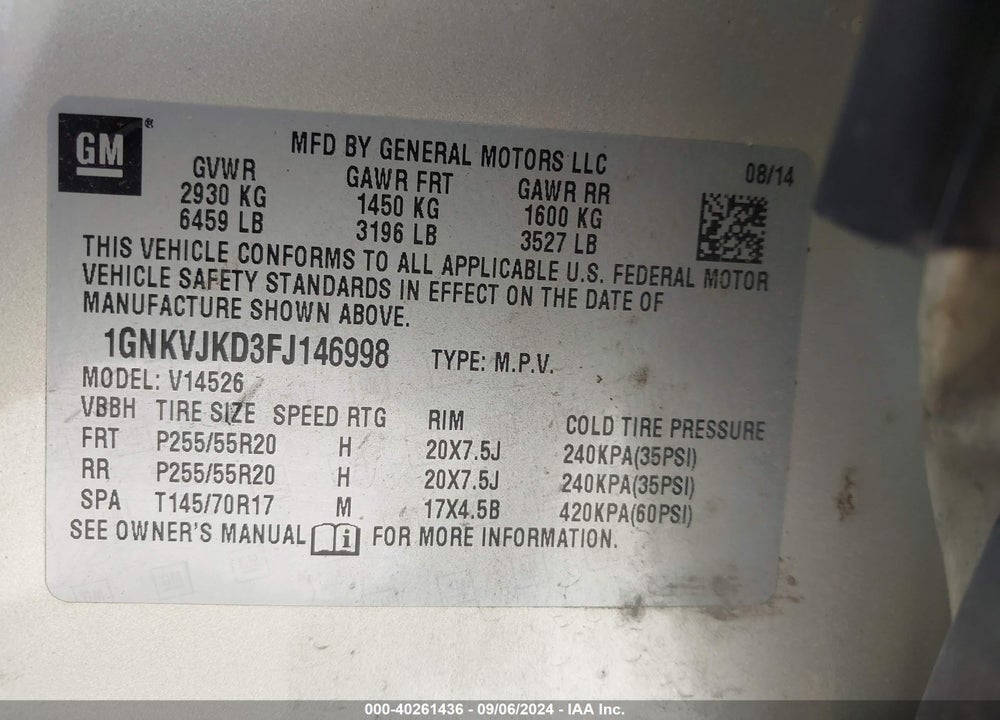 2015 CHEVROLET TRAVERSE LTZ VIN: 1GNKVJKD3FJ146998
