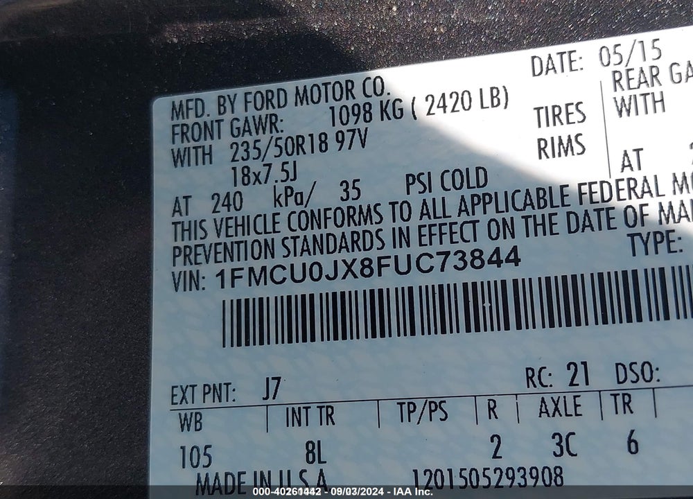 2015 FORD ESCAPE TITANIUM VIN: 1FMCU0JX8FUC73844