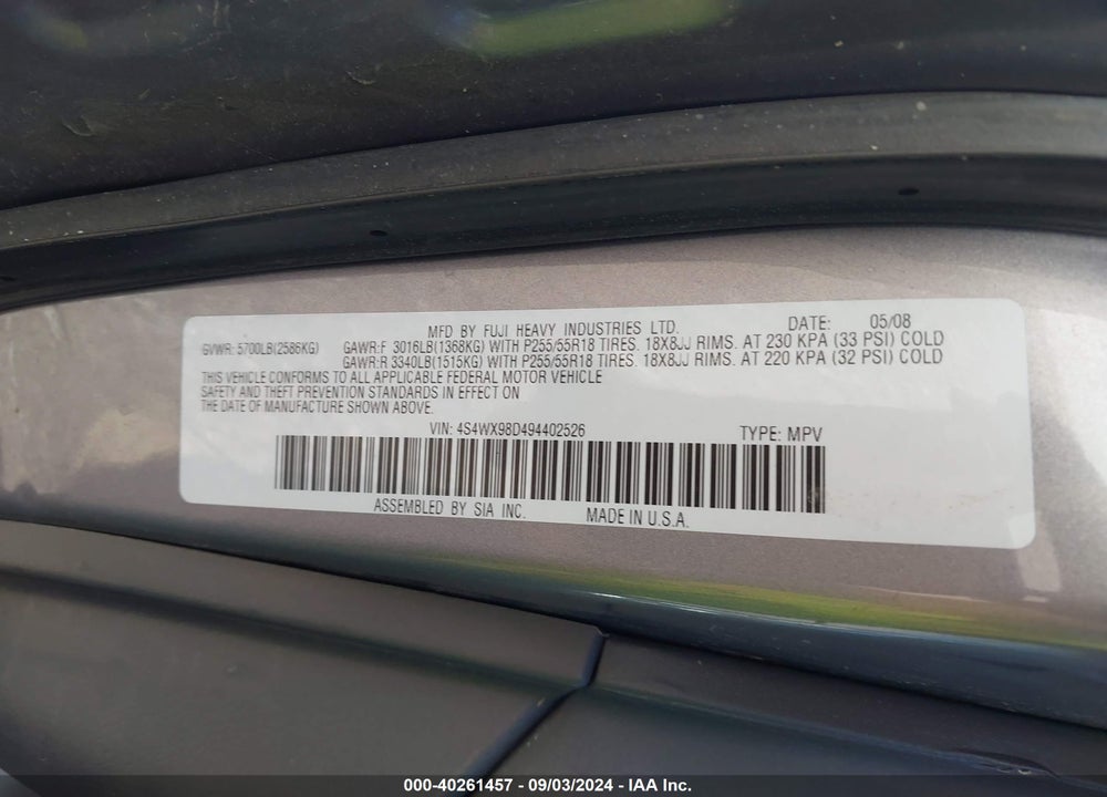 2009 SUBARU TRIBECA LIMITED 7-PASSENGER VIN: 4S4WX98D494402526