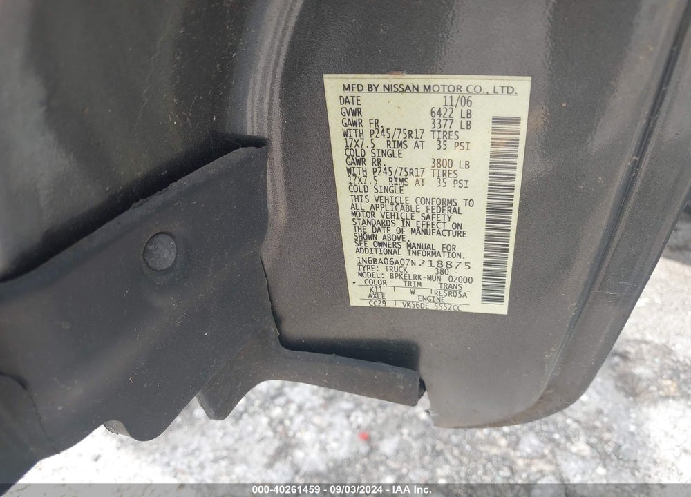 2007 NISSAN TITAN XE VIN: 1N6BA06A07N218875