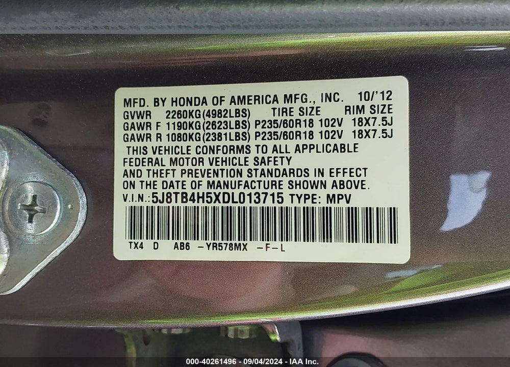 2013 ACURA RDX VIN: 5J8TB4H5XDL013715