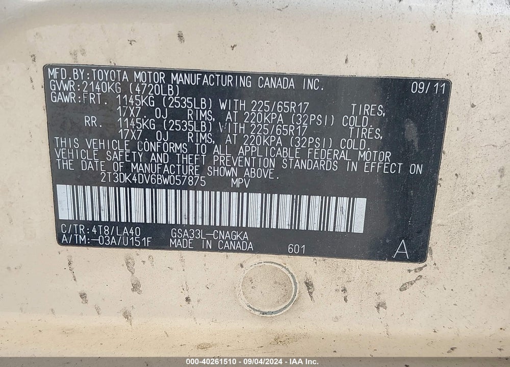 2011 TOYOTA RAV4 LIMITED V6 VIN: 2T3DK4DV6BW057875