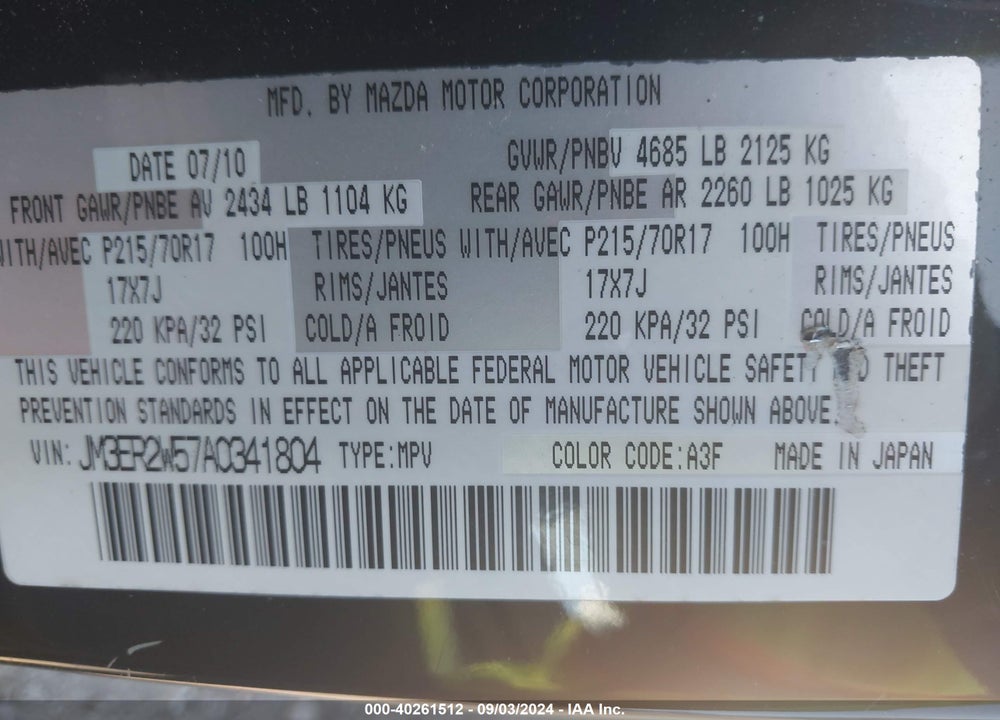 2010 MAZDA CX-7 I SPORT VIN: JM3ER2W57A0341804
