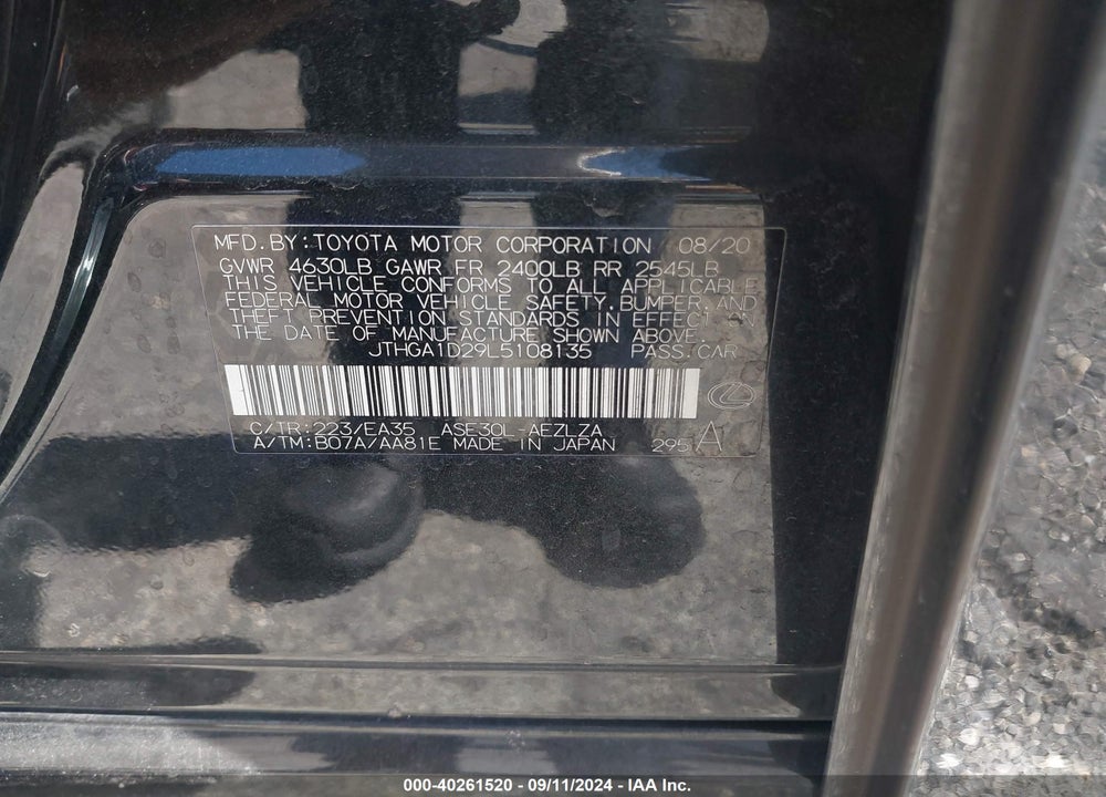 2020 LEXUS IS 300 VIN: JTHGA1D29L5108135