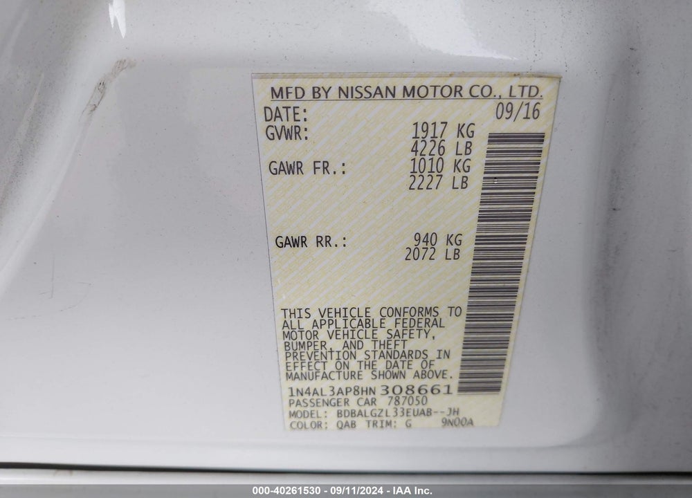 2017 NISSAN ALTIMA VIN: 1N4AL3AP8HN308661