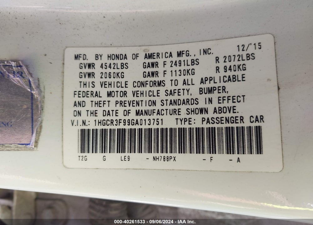 2016 HONDA ACCORD TOURING VIN: 1HGCR3F99GA013751