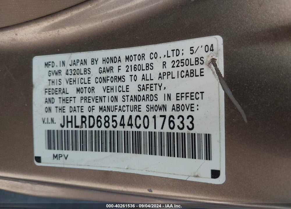 2004 HONDA CR-V LX VIN: JHLRD68544C017633