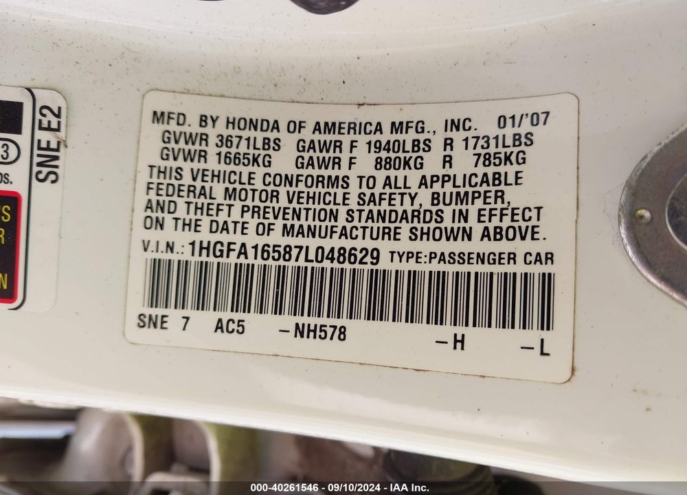 2007 HONDA CIVIC LX VIN: 1HGFA16587L048629