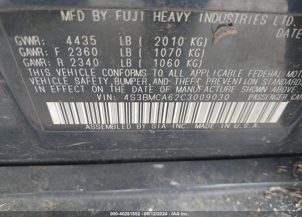 2012 SUBARU LEGACY 2.5I VIN: 4S3BMCA62C3009030