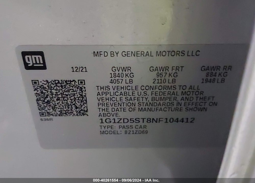 2022 CHEVROLET MALIBU FWD LT VIN: 1G1ZD5ST8NF104412