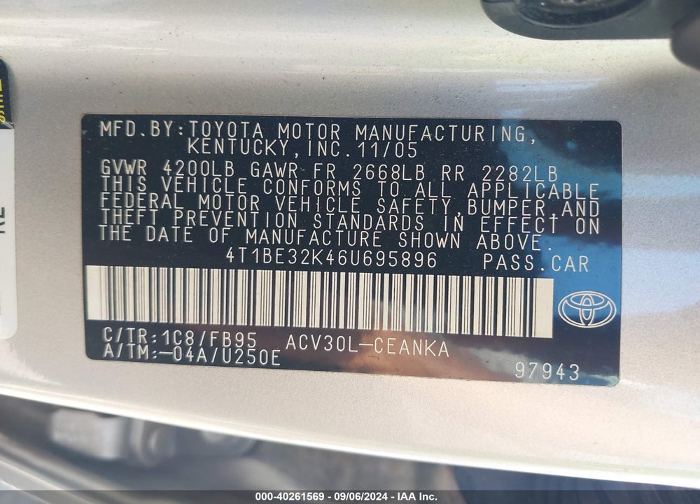 2006 TOYOTA CAMRY LE VIN: 4T1BE32K46U695896