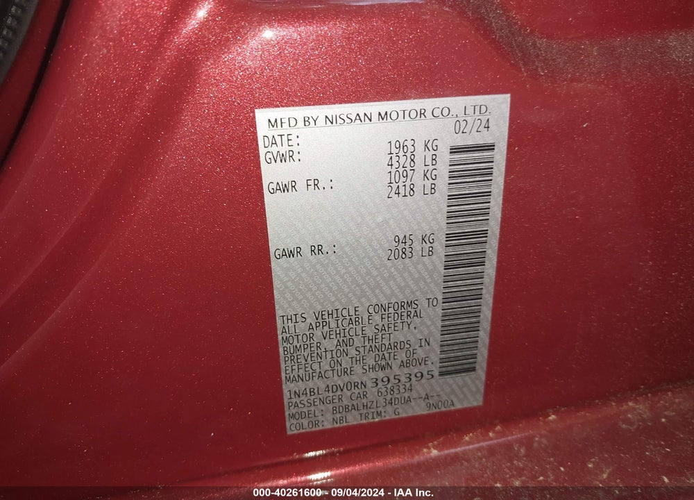 2024 NISSAN ALTIMA SV FWD VIN: 1N4BL4DV0RN395395