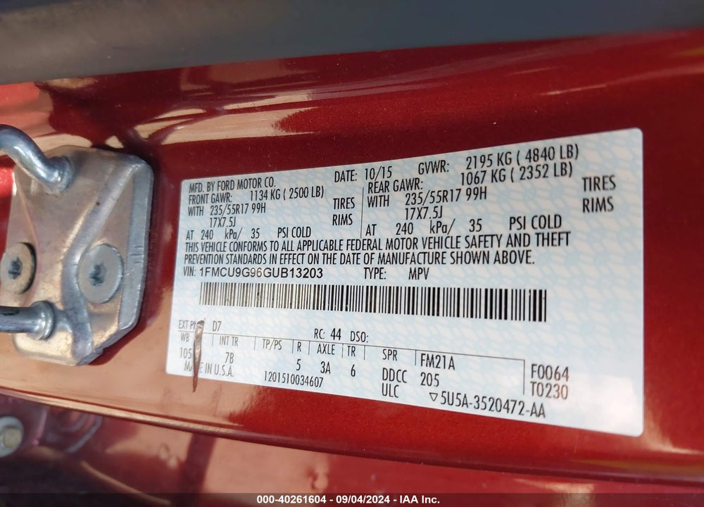 2016 FORD ESCAPE SE VIN: 1FMCU9G96GUB13203