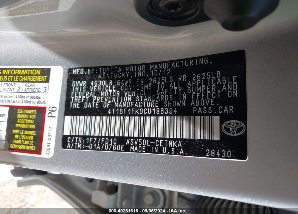 2012 TOYOTA CAMRY LE VIN: 4T1BF1FK0CU186394