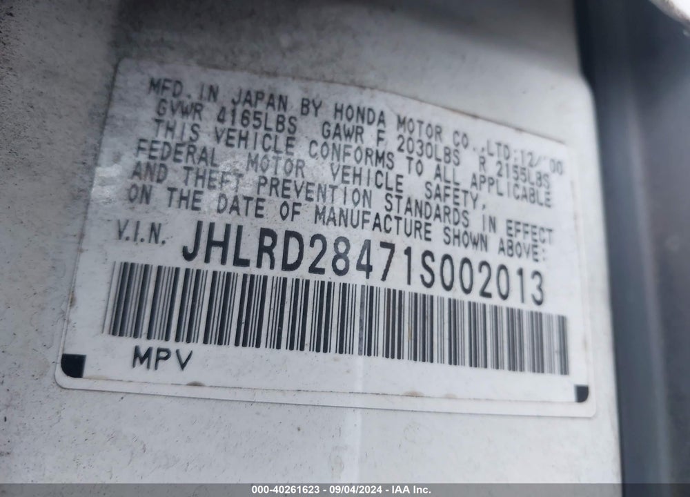 2001 HONDA CR-V LX VIN: JHLRD28471S002013