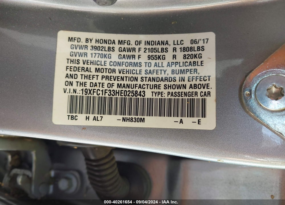 2017 HONDA CIVIC EX-T VIN: 19XFC1F33HE025843