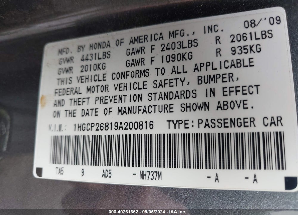2009 HONDA ACCORD 2.4 EX-L VIN: 1HGCP26819A200816