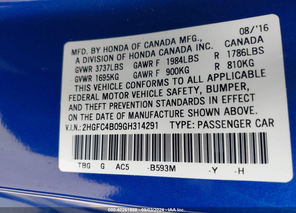 2016 HONDA CIVIC LX-P VIN: 2HGFC4B09GH314291