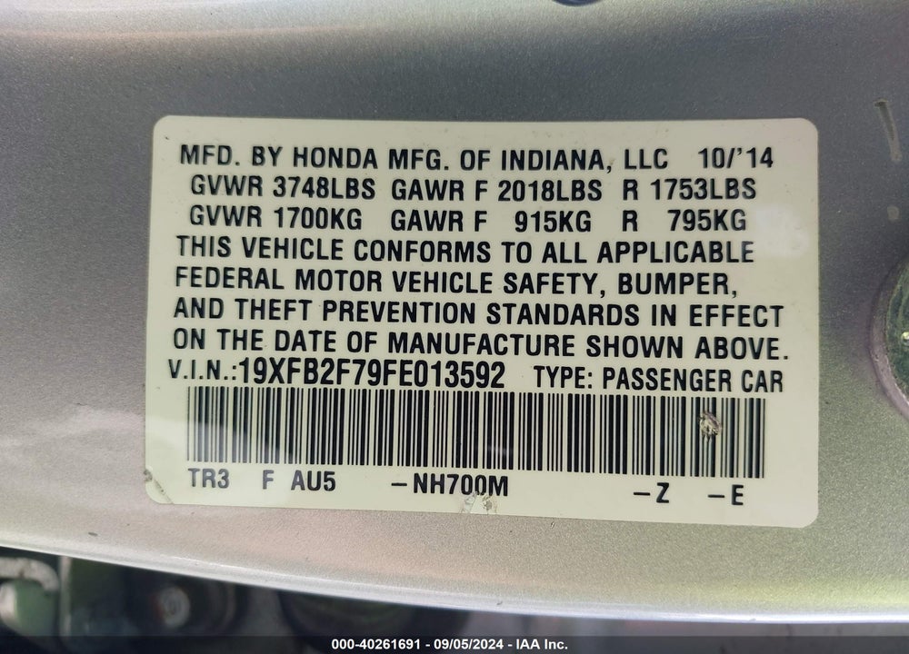 2015 HONDA CIVIC SE VIN: 19XFB2F79FE013592
