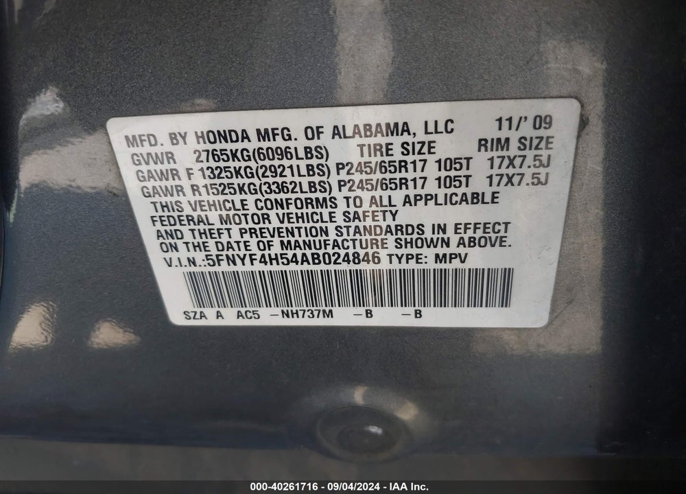 2010 HONDA PILOT EX-L VIN: 5FNYF4H54AB024846