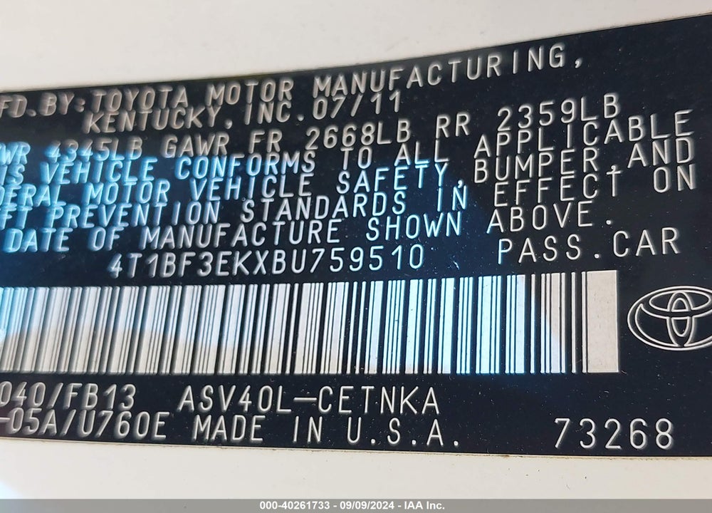 2011 TOYOTA CAMRY LE VIN: 4T1BF3EKXBU759510
