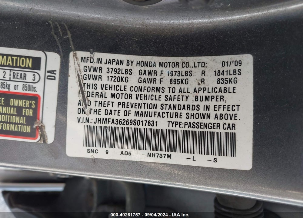 2009 HONDA CIVIC HYBRID VIN: JHMFA36269S017631