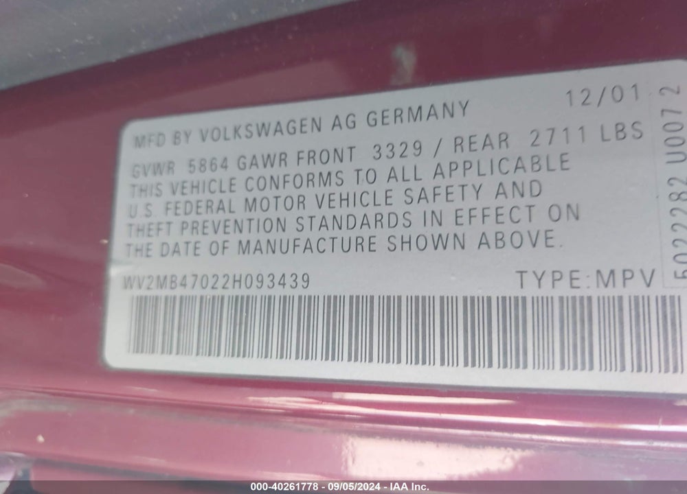 2002 VOLKSWAGEN EUROVAN VIN: WV2MB47022H093439