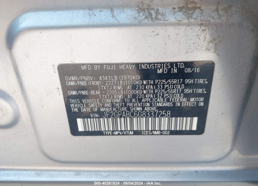 2016 SUBARU CROSSTREK 2.0I PREMIUM VIN: JF2GPABC6G8337258