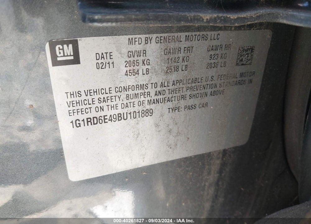 2011 CHEVROLET VOLT VIN: 1G1RD6E49BU101889