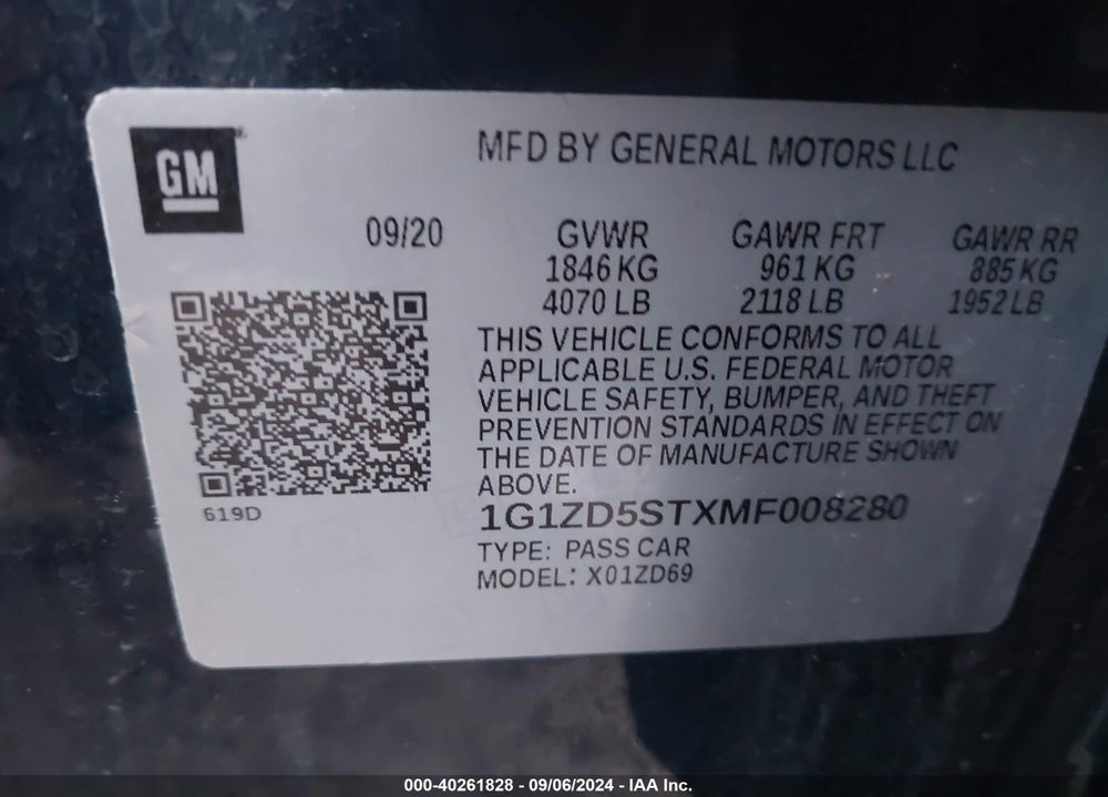 2021 CHEVROLET MALIBU FWD LT VIN: 1G1ZD5STXMF008280