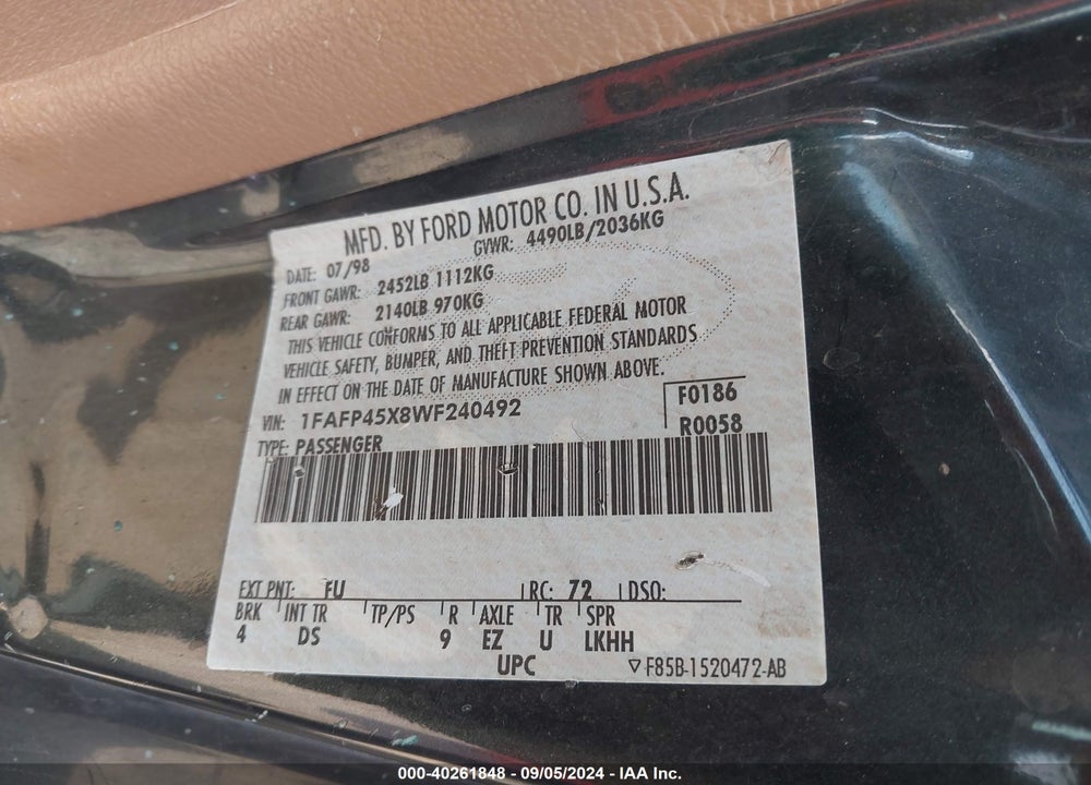 1998 FORD MUSTANG GT VIN: 1FAFP45X8WF240492