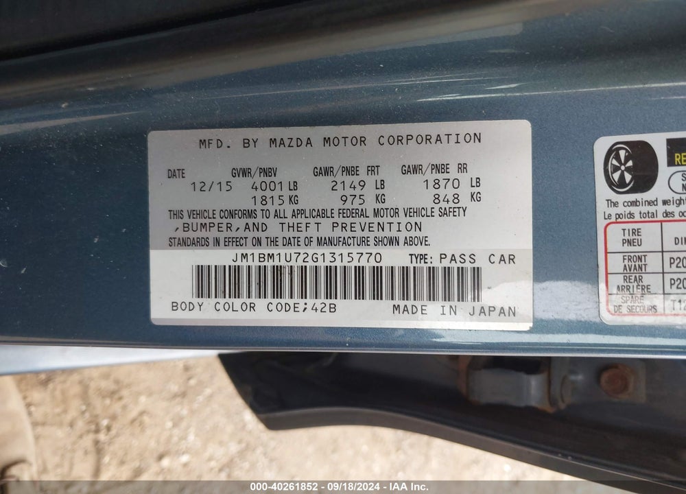 2016 MAZDA 3 I SPORT VIN: JM1BM1U72G1315770