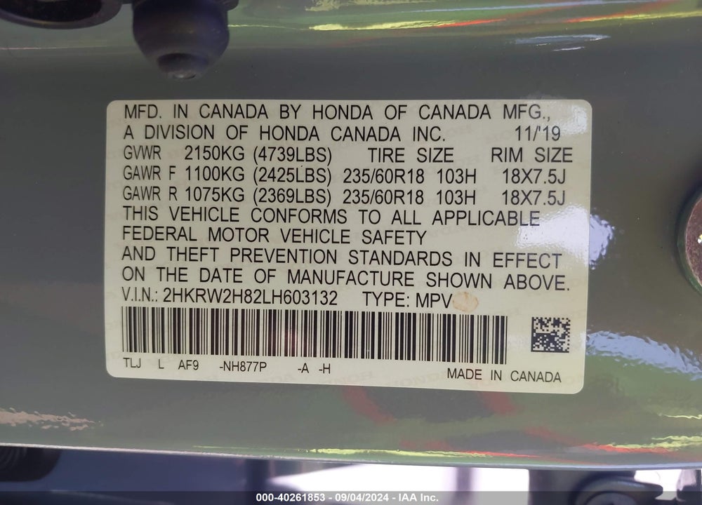 2020 HONDA CR-V AWD EX-L VIN: 2HKRW2H82LH603132
