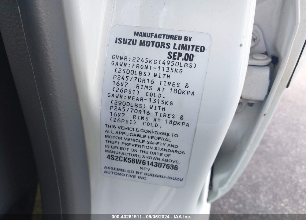 2001 ISUZU RODEO LS 3.2L V6/LSE 3.2L V6/S 3.2L V6 VIN: 4S2CK58W614307636