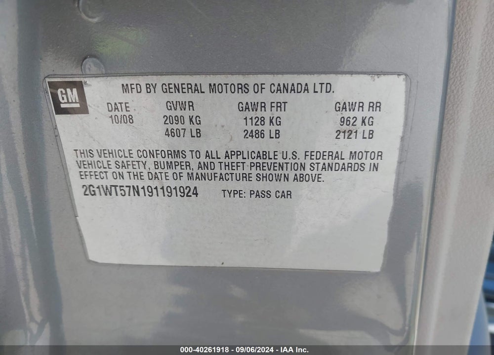 2009 CHEVROLET IMPALA LT VIN: 2G1WT57N191191924