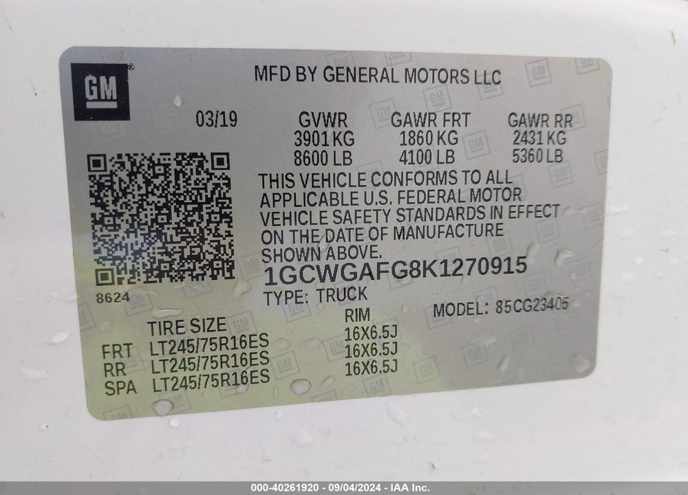 2019 CHEVROLET EXPRESS 2500 WORK VAN VIN: 1GCWGAFG8K1270915