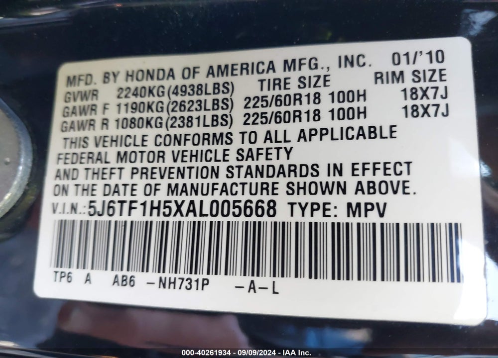 2010 HONDA ACCORD CROSSTOUR EX-L VIN: 5J6TF1H5XAL005668