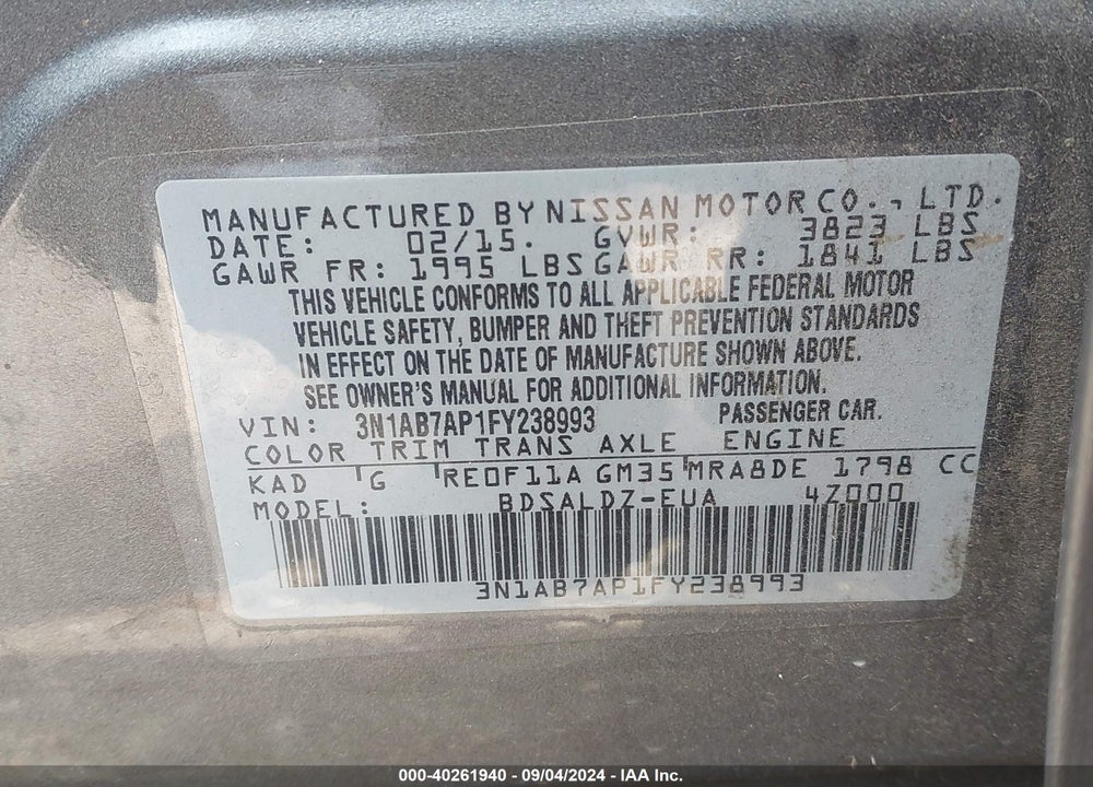 2015 NISSAN SENTRA SV VIN: 3N1AB7AP1FY238993